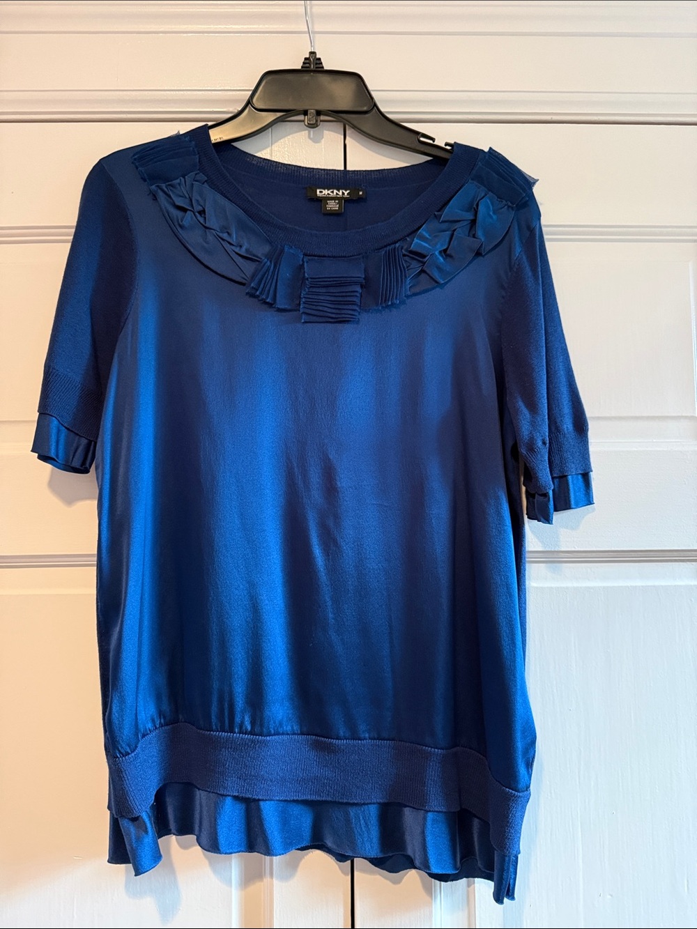 DKNY Royal Blue Ruffle-Neck Short Sleeve Blouse